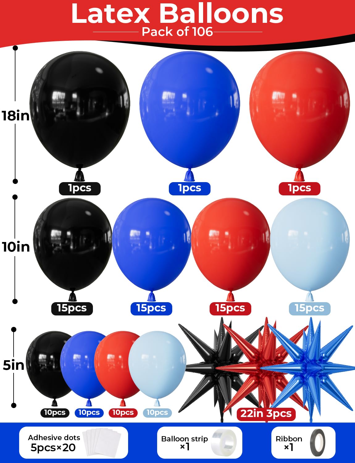 Black Red Blue Spider Theme Balloon Arch Kit – 106 Pieces with Starburst Foil Balloons for Hero-Themed Parties