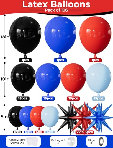 Black Red Blue Spider Theme Balloon Arch Kit – 106 Pieces with Starburst Foil Balloons for Hero-Themed Parties