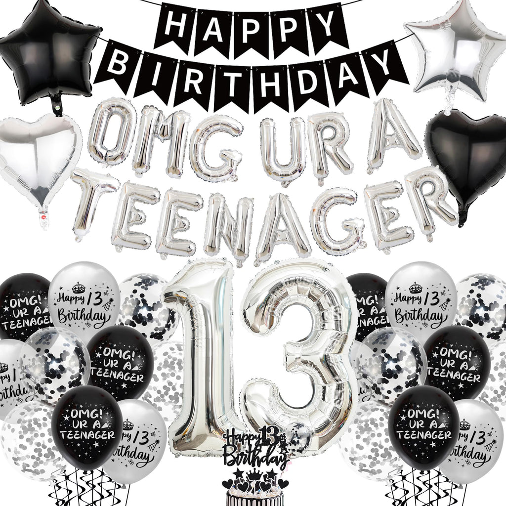 Black & Silver 13th Birthday Party Decorations Kit for Boys – Banner, Balloons, Cake Topper