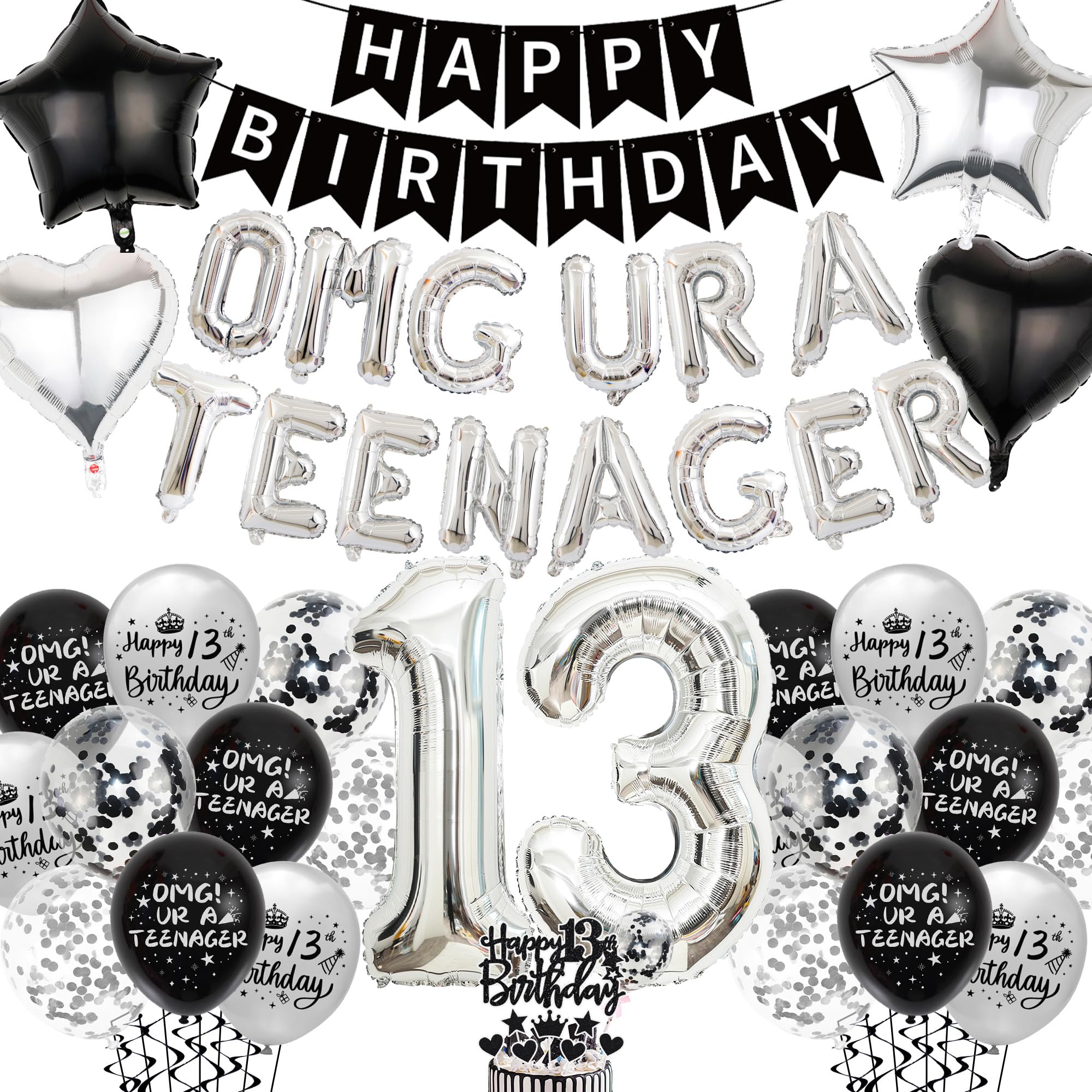 Black & Silver 13th Birthday Party Decorations Kit for Boys – Banner, Balloons, Cake Topper
