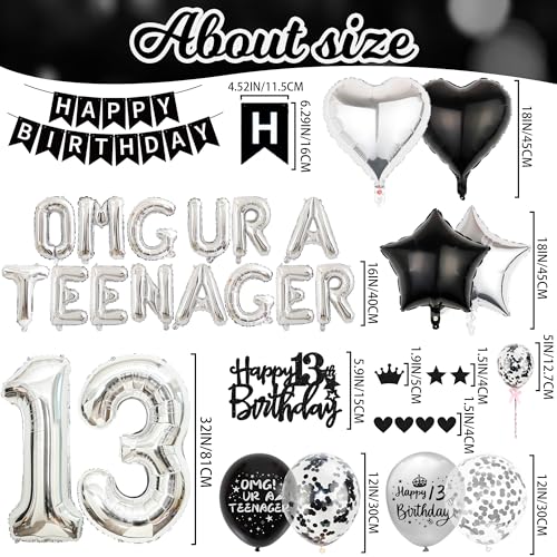 Black & Silver 13th Birthday Party Decorations Kit for Boys – Banner, Balloons, Cake Topper