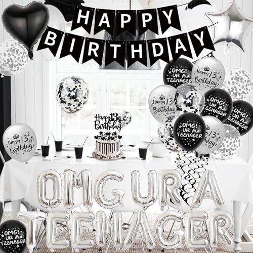 Black & Silver 13th Birthday Party Decorations Kit for Boys – Banner, Balloons, Cake Topper