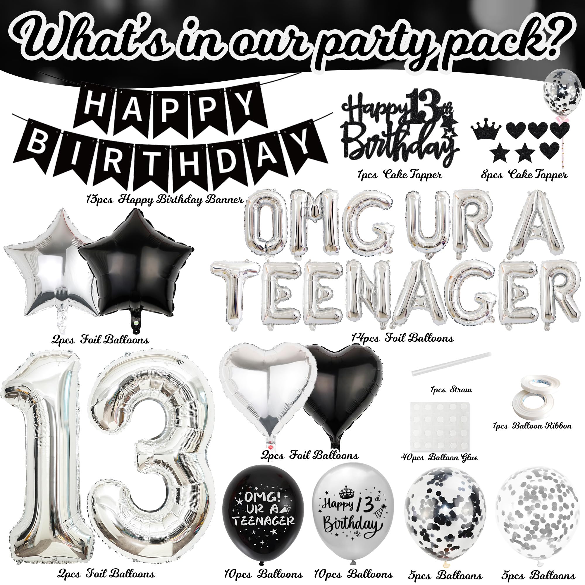 Black & Silver 13th Birthday Party Decorations Kit for Boys – Banner, Balloons, Cake Topper