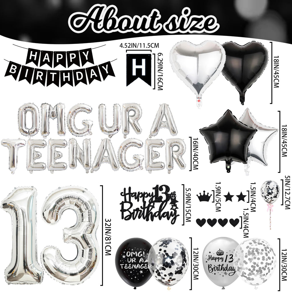 Black & Silver 13th Birthday Party Decorations Kit for Boys – Banner, Balloons, Cake Topper