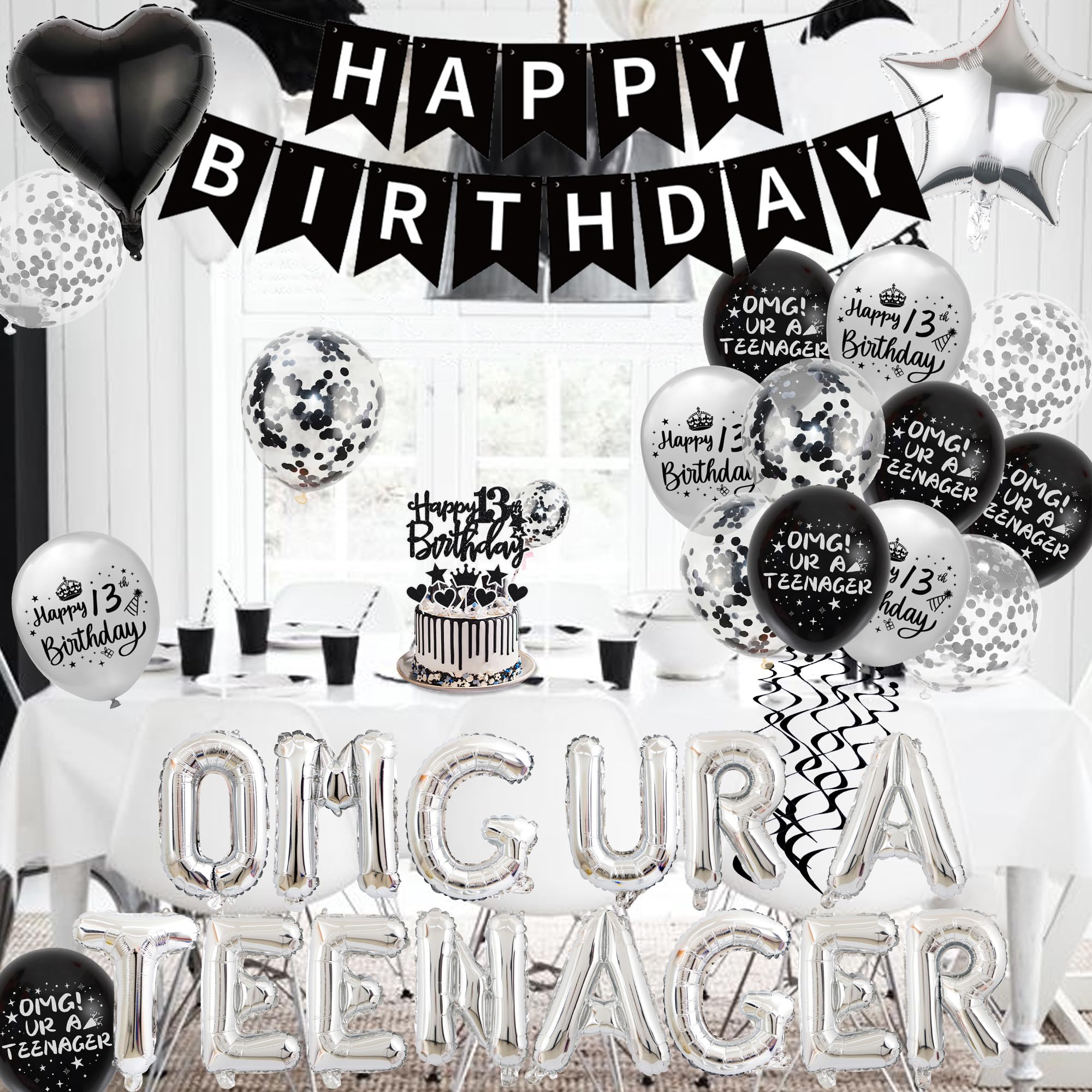 Black & Silver 13th Birthday Party Decorations Kit for Boys – Banner, Balloons, Cake Topper