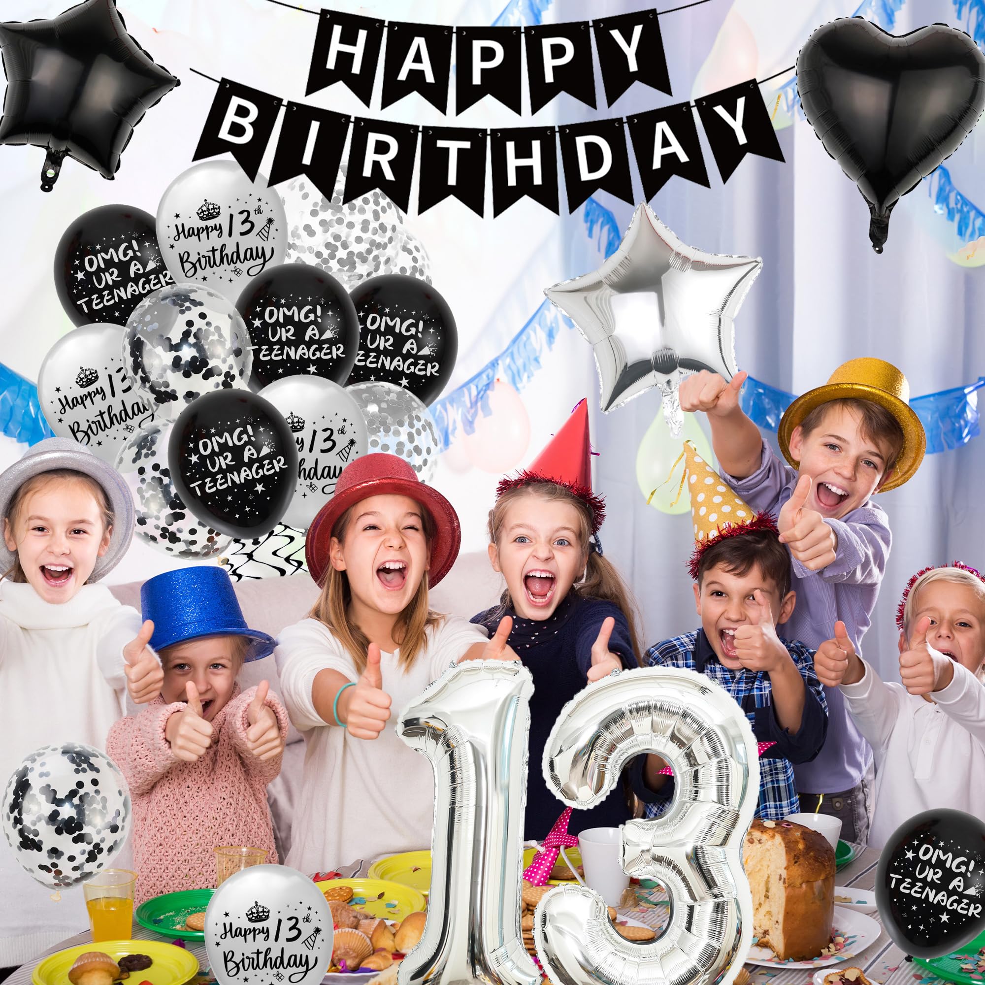Black & Silver 13th Birthday Party Decorations Kit for Boys – Banner, Balloons, Cake Topper