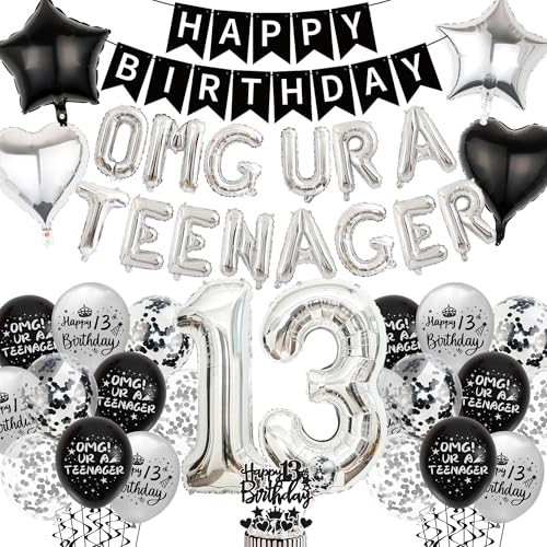 Black & Silver 13th Birthday Party Decorations Kit for Boys – Banner, Balloons, Cake Topper
