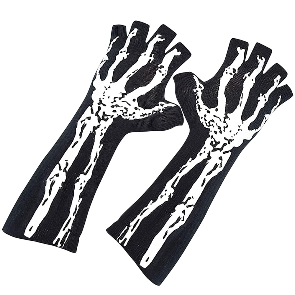 Black Skeleton Glow-in-the-Dark Fingerless Rayon Gloves – Halloween Costume Accessory
