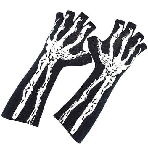 Black Skeleton Glow-in-the-Dark Fingerless Rayon Gloves – Halloween Costume Accessory