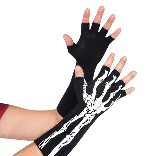 Black Skeleton Glow-in-the-Dark Fingerless Rayon Gloves – Halloween Costume Accessory