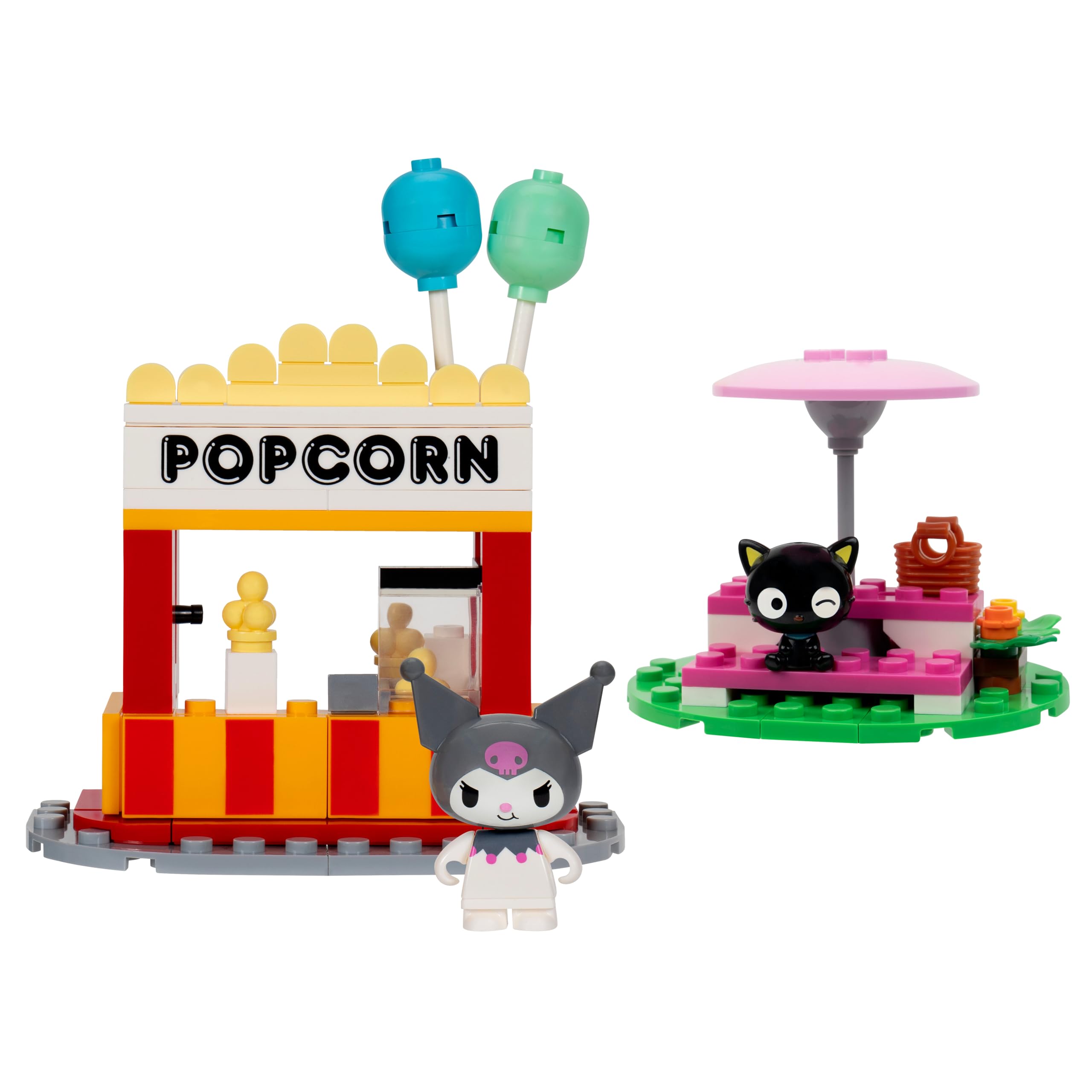 BLDR Hello Kitty and Friends Kuromi's Popcorn Stand Building Set – 117 Pieces with Poseable Kuromi & Chococat Figures, Ages 8+