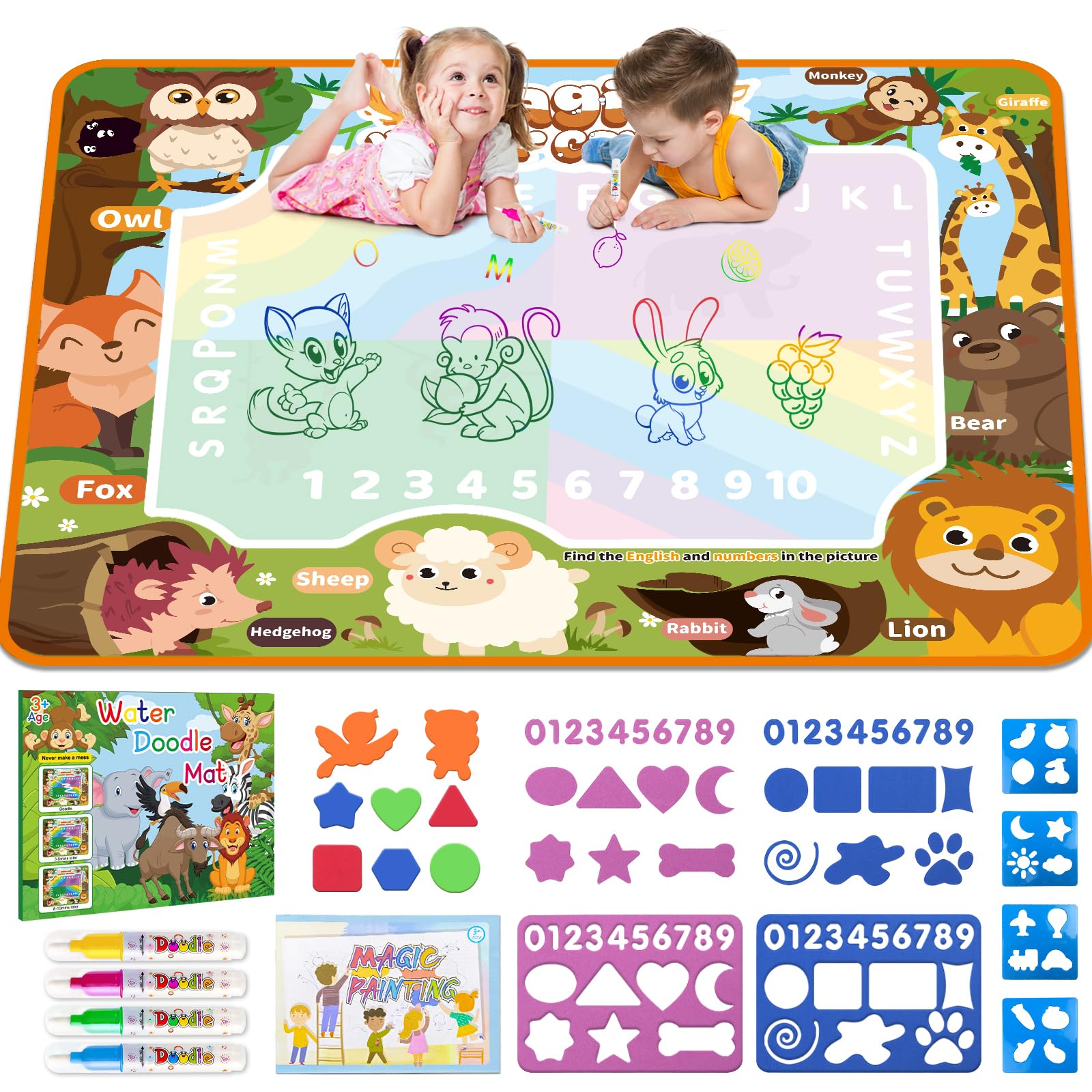 BlissfulBlend Water Doodle Mat 40x32 Inches – Mess-Free Magic Water Pens, 19-Piece Set for Toddlers Ages 3-9