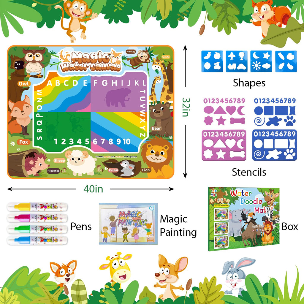 BlissfulBlend Water Doodle Mat 40x32 Inches – Mess-Free Magic Water Pens, 19-Piece Set for Toddlers Ages 3-9