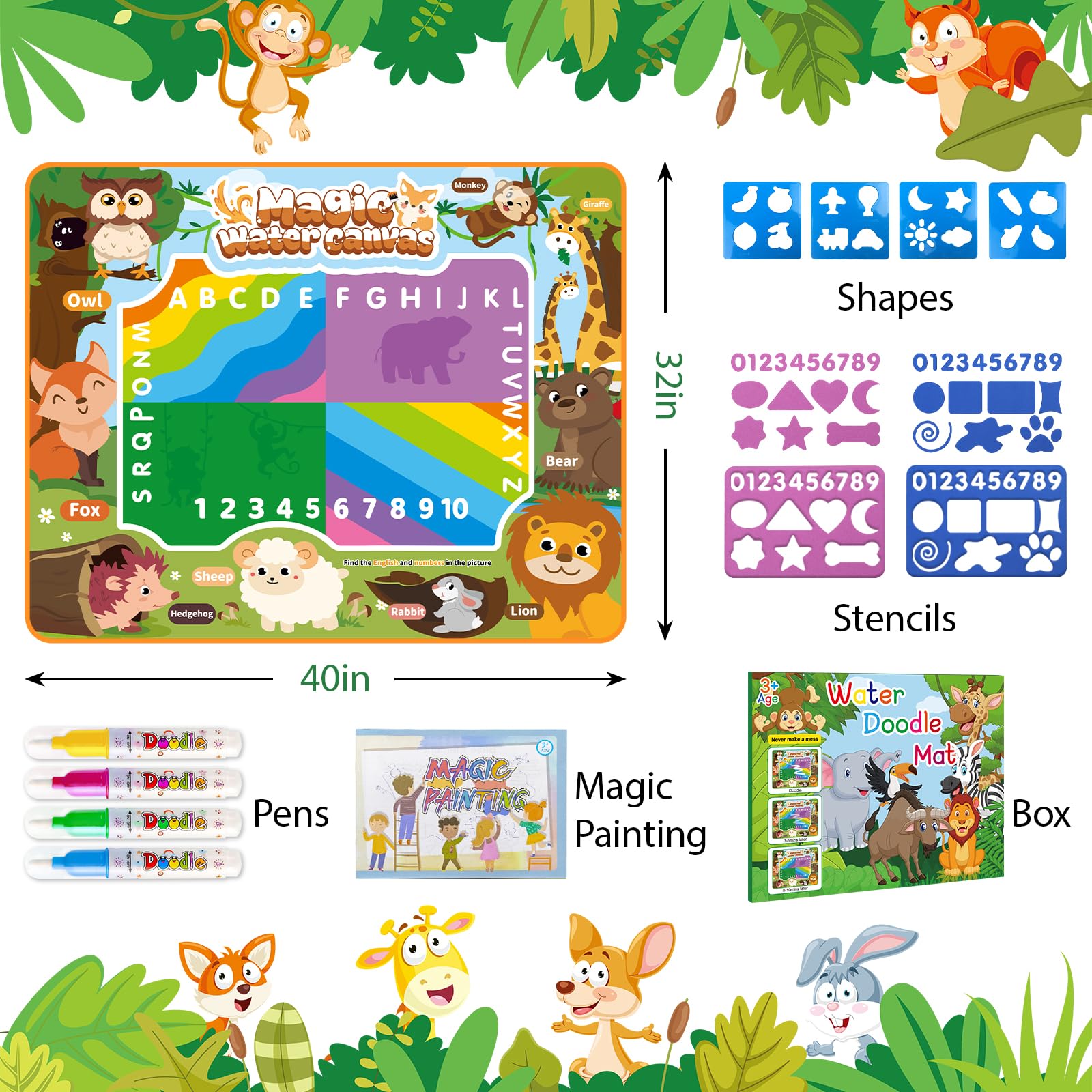 BlissfulBlend Water Doodle Mat 40x32 Inches – Mess-Free Magic Water Pens, 19-Piece Set for Toddlers Ages 3-9
