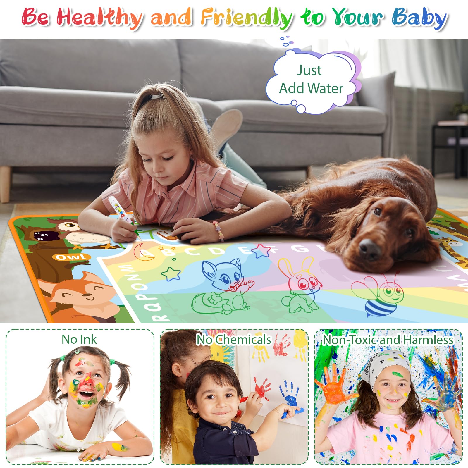 BlissfulBlend Water Doodle Mat 40x32 Inches – Mess-Free Magic Water Pens, 19-Piece Set for Toddlers Ages 3-9