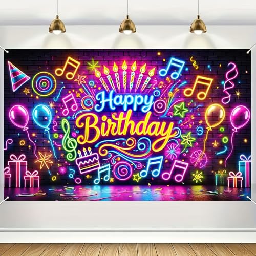 BlissYard Neon Happy Birthday Banner 71x43 Inch Glow in the Dark Backdrop for Kids Parties