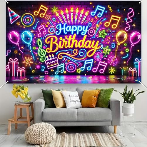 BlissYard Neon Happy Birthday Banner 71x43 Inch Glow in the Dark Backdrop for Kids Parties