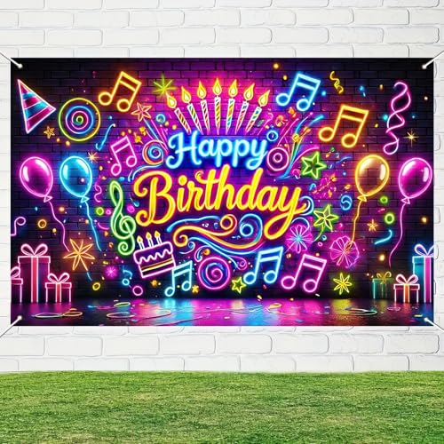 BlissYard Neon Happy Birthday Banner 71x43 Inch Glow in the Dark Backdrop for Kids Parties
