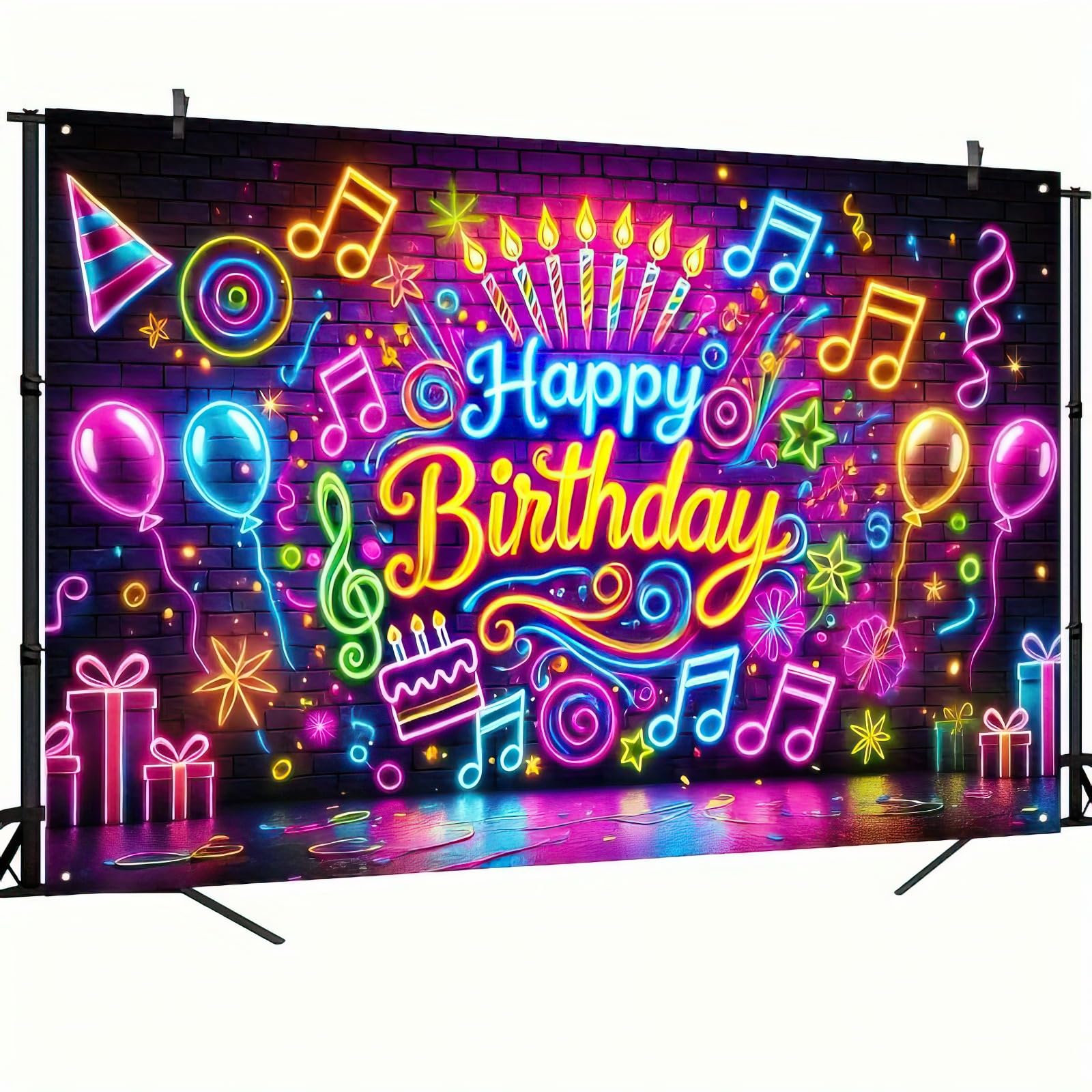 BlissYard Neon Happy Birthday Banner 71x43 Inch Glow in the Dark Backdrop for Kids Parties