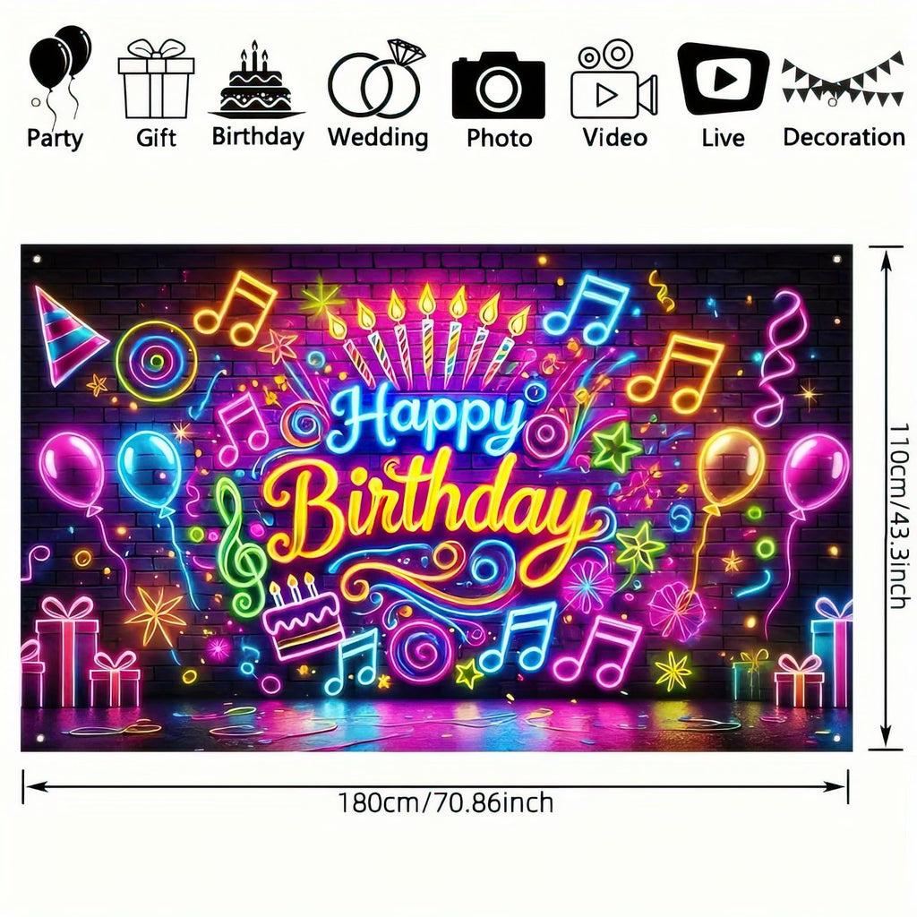 BlissYard Neon Happy Birthday Banner 71x43 Inch Glow in the Dark Backdrop for Kids Parties