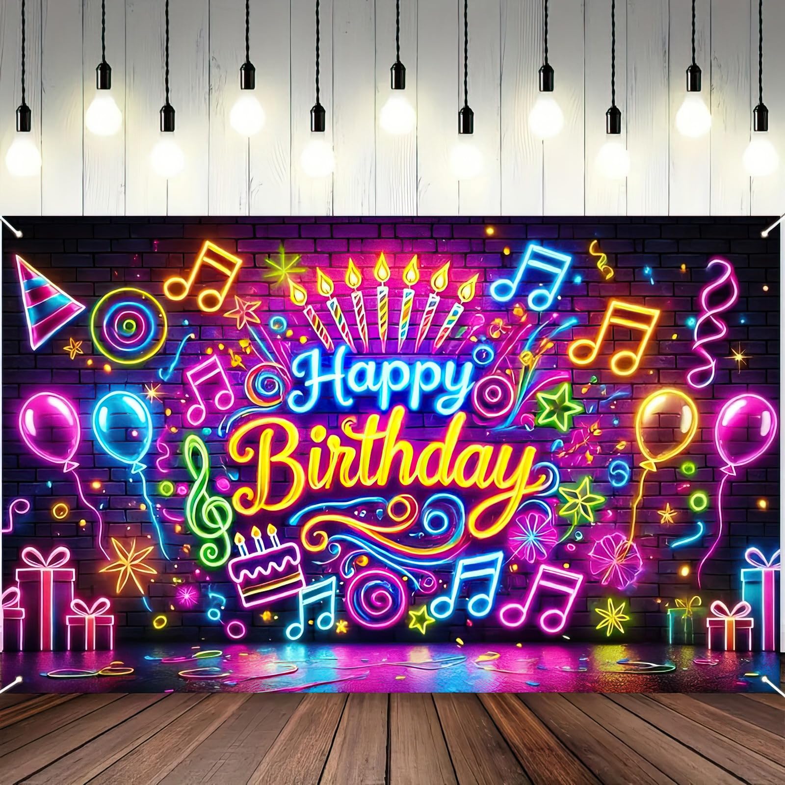 BlissYard Neon Happy Birthday Banner 71x43 Inch Glow in the Dark Backdrop for Kids Parties