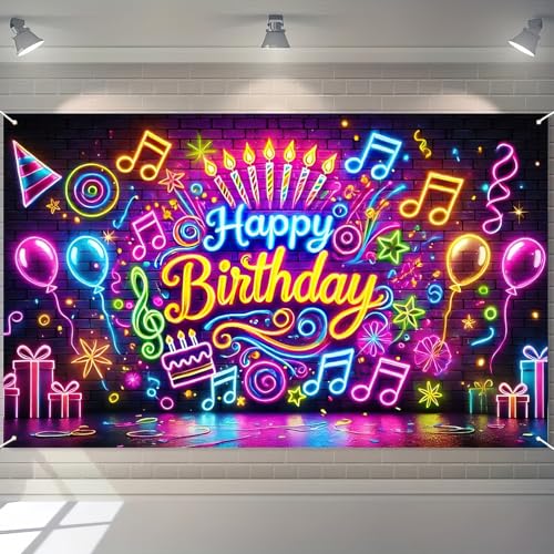 BlissYard Neon Happy Birthday Banner 71x43 Inch Glow in the Dark Backdrop for Kids Parties