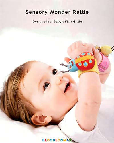 BLOOBLOOMAX 8-Piece Baby Wrist Rattles and Foot Finder Socks Set – Soft Fabric, Bells, Gift Box