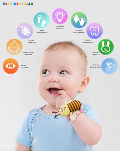 BLOOBLOOMAX 8-Piece Baby Wrist Rattles and Foot Finder Socks Set – Soft Fabric, Bells, Gift Box