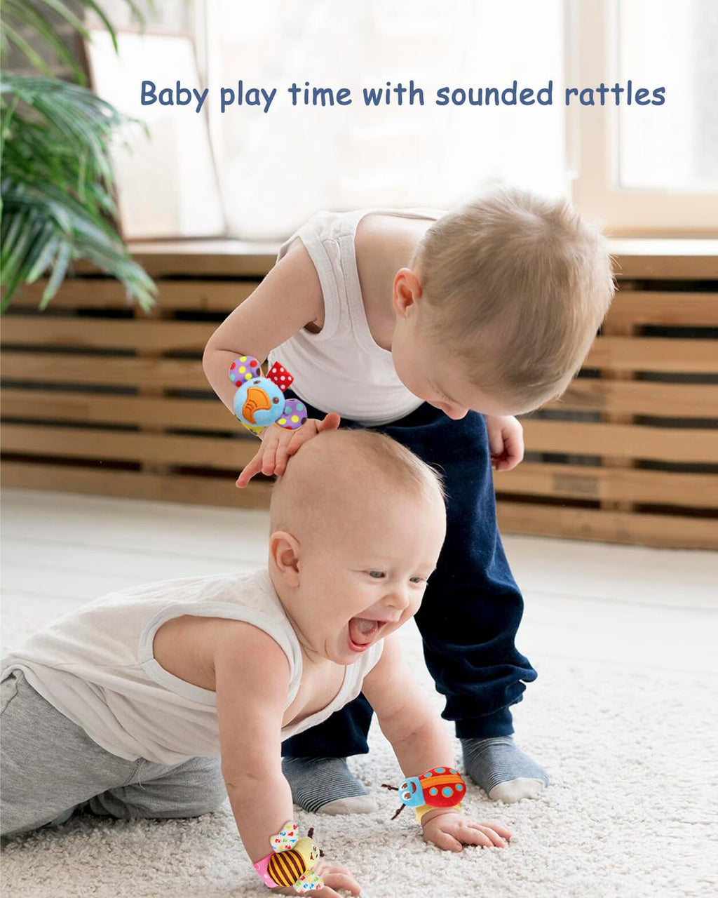 BLOOBLOOMAX 8-Piece Baby Wrist Rattles and Foot Finder Socks Set – Soft Fabric, Bells, Gift Box