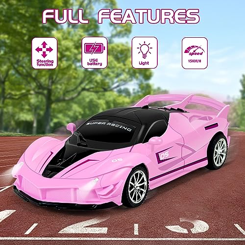 Bloolilies 1:18 Scale Pink Remote Control Car for Girls Ages 3-12 with LED Headlights