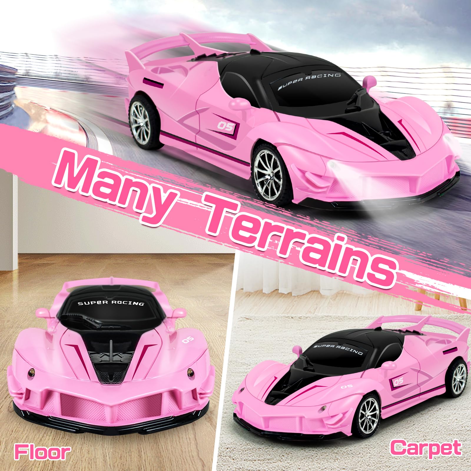 Bloolilies 1:18 Scale Pink Remote Control Car for Girls Ages 3-12 with LED Headlights
