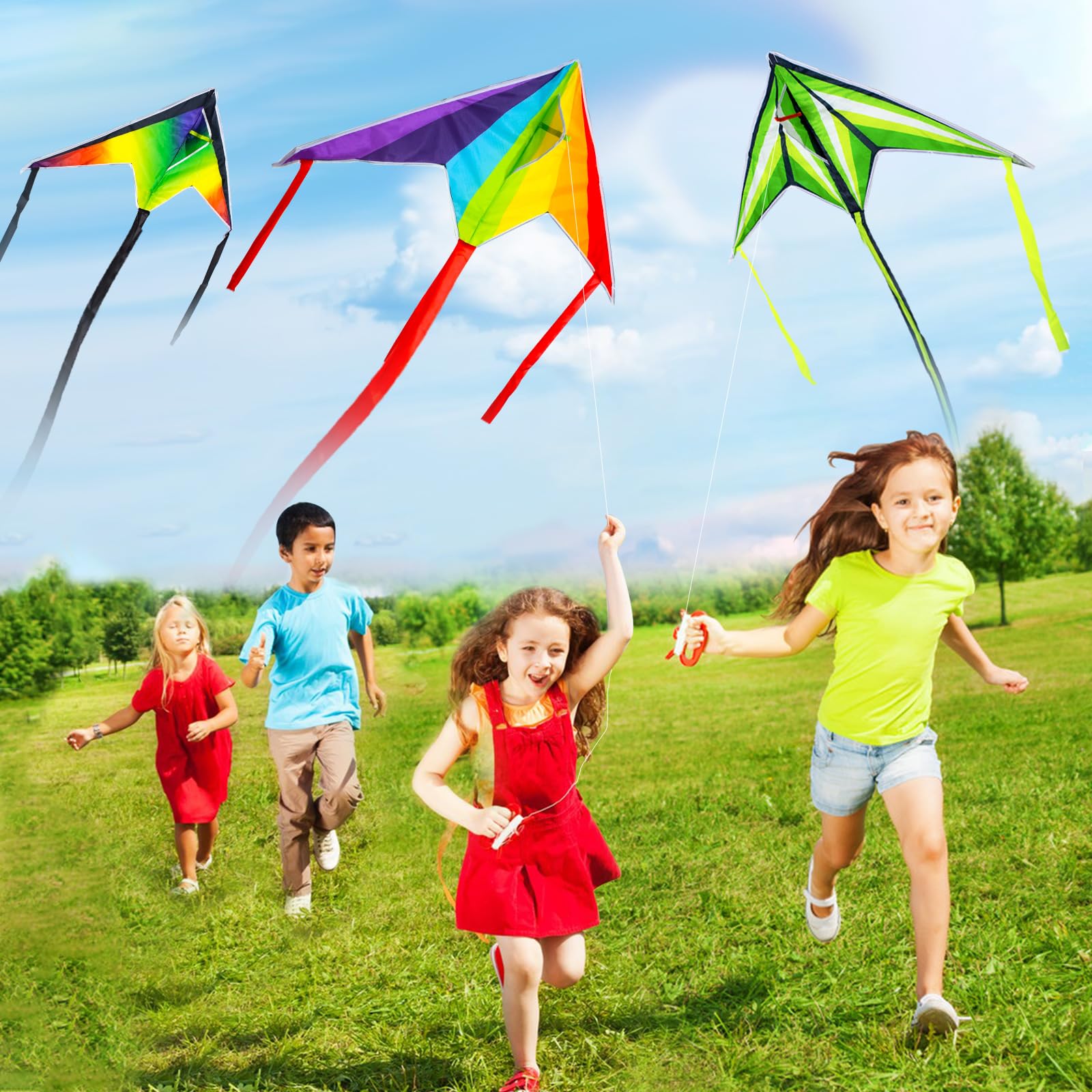 Bloolilies 3-Pack Delta Kites – Rainbow, 39.5 x 19.7 Inch, 328ft Line, Easy to Fly for Kids and Adults