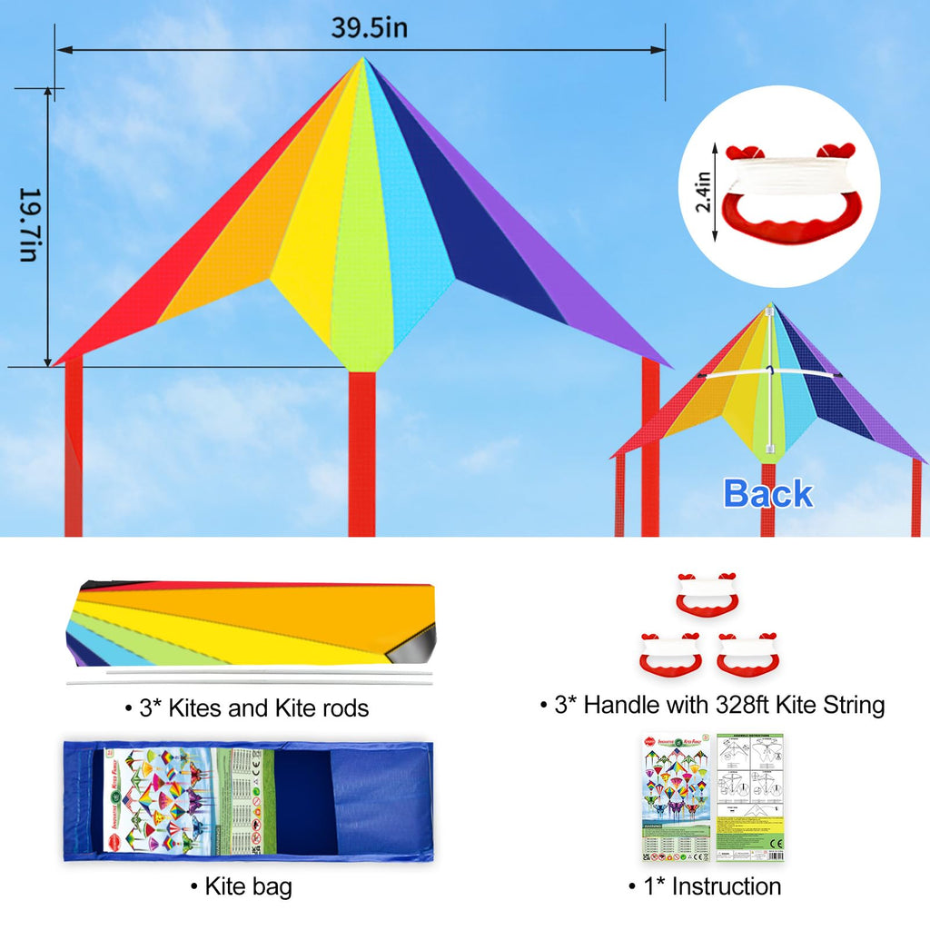 Bloolilies 3-Pack Delta Kites – Rainbow, 39.5 x 19.7 Inch, 328ft Line, Easy to Fly for Kids and Adults