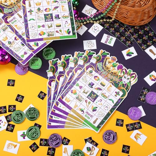 Blosssound Mardi Gras Bingo Set – 24 Player Carnival Bingo Cards with Calling Card and Chips