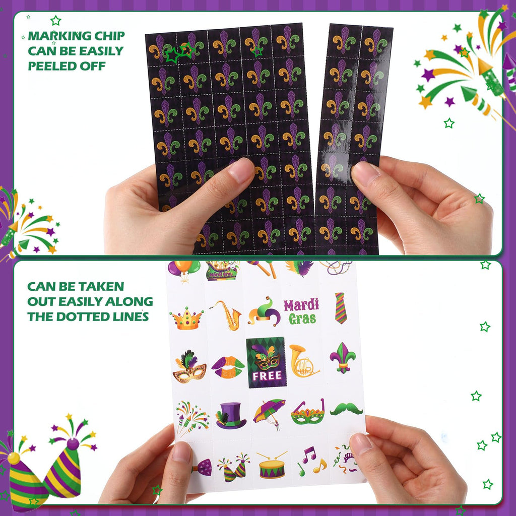 Blosssound Mardi Gras Bingo Set – 24 Player Carnival Bingo Cards with Calling Card and Chips