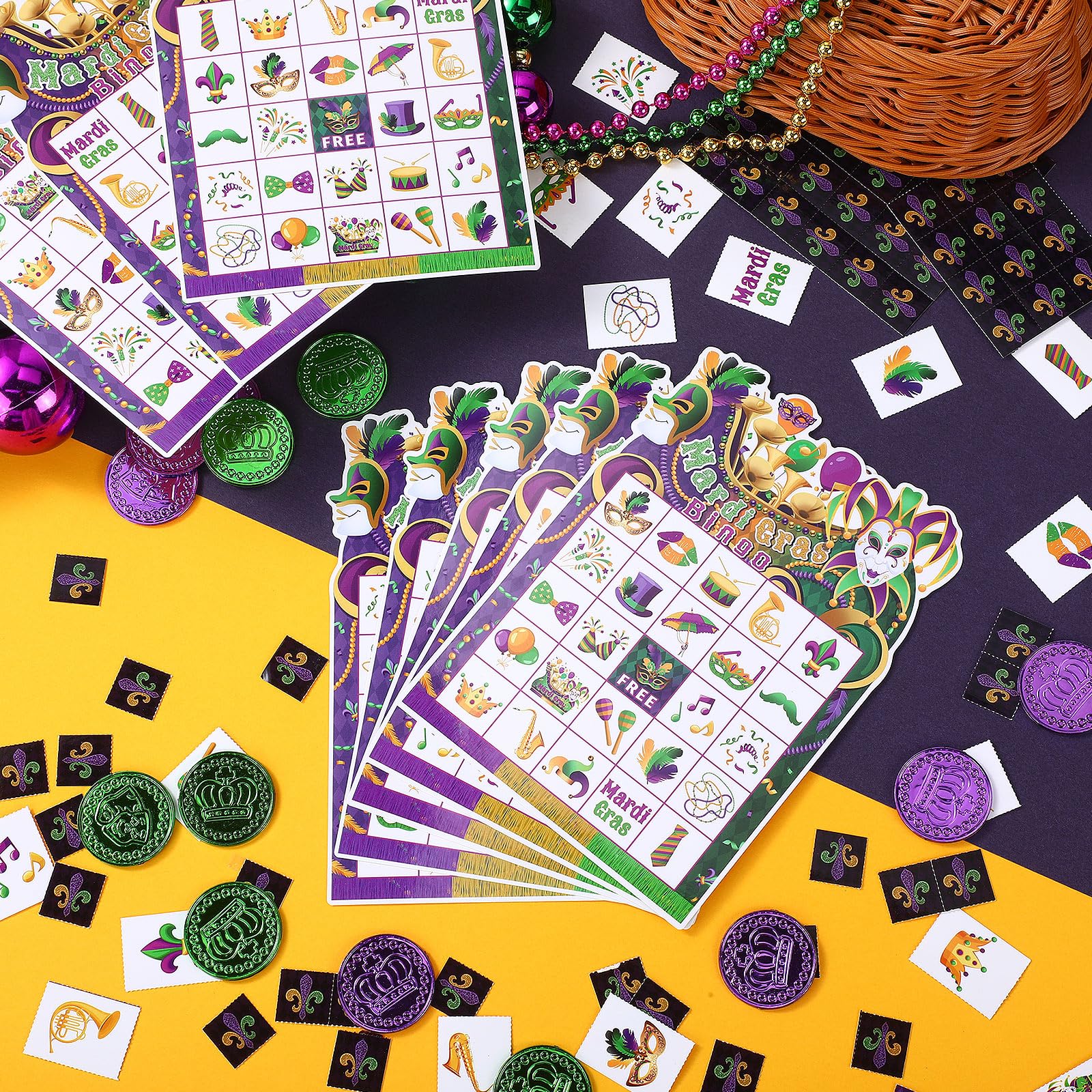 Blosssound Mardi Gras Bingo Set – 24 Player Carnival Bingo Cards with Calling Card and Chips