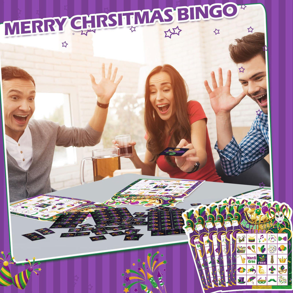 Blosssound Mardi Gras Bingo Set – 24 Player Carnival Bingo Cards with Calling Card and Chips