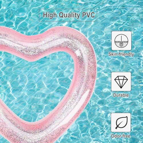 Blublu Park Inflatable Heart Pool Float - Light Pink PVC Swim Ring for Adults, 47x39 Inches, Holds 440 lbs