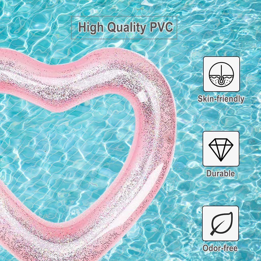 Blublu Park Inflatable Heart Pool Float - Light Pink PVC Swim Ring for Adults, 47x39 Inches, Holds 440 lbs
