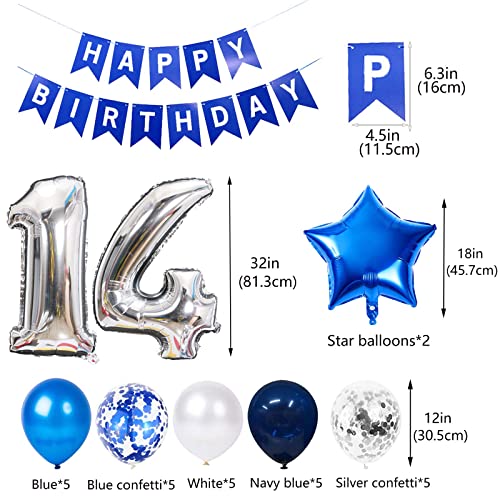 Blue 14th Birthday Party Decorations Kit for Boys – Balloons, Banner & Confetti