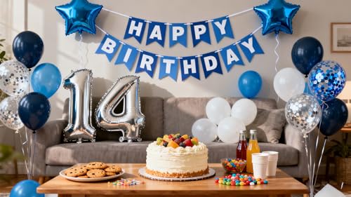 Blue 14th Birthday Party Decorations Kit for Boys – Balloons, Banner & Confetti
