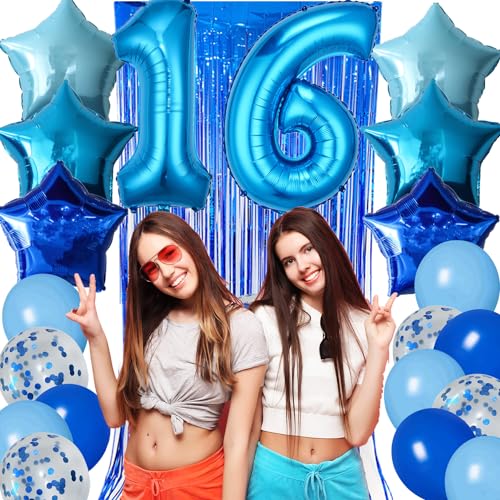 Blue 16th Birthday Decoration Set - Banner, Number 16 Balloon, Star Balloons, Fringe Curtain & Latex Balloons