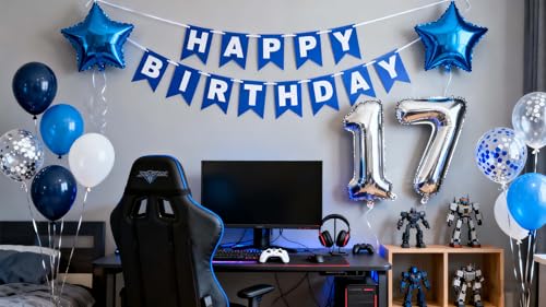 Blue 17th Birthday Decorations for Boys - 31-Piece Set with Banner, Number 17 & Star Foil Balloons, Latex Balloons, Ribbon by JumDaQQ