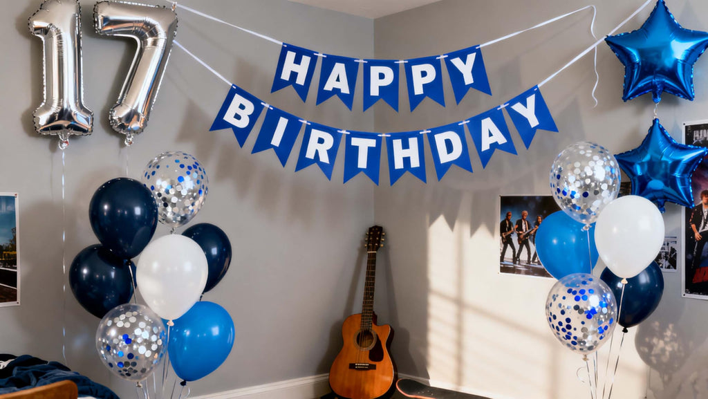 Blue 17th Birthday Decorations for Boys - 31-Piece Set with Banner, Number 17 & Star Foil Balloons, Latex Balloons, Ribbon by JumDaQQ