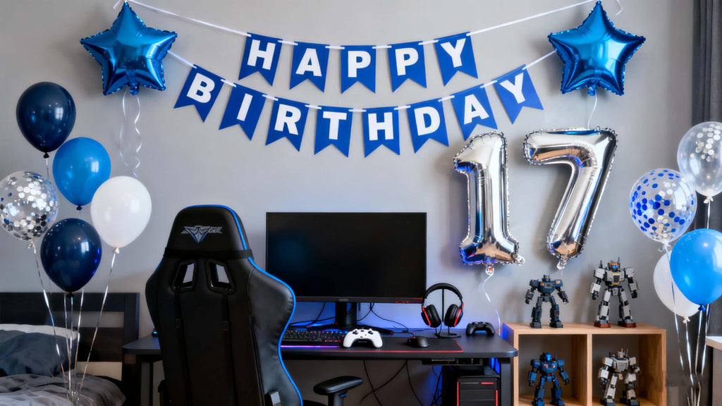 Blue 17th Birthday Decorations for Boys - 31-Piece Set with Banner, Number 17 & Star Foil Balloons, Latex Balloons, Ribbon by JumDaQQ