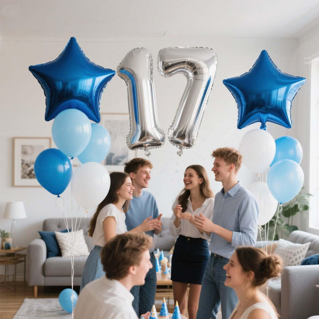 Blue 17th Birthday Decorations for Boys - 31-Piece Set with Banner, Number 17 & Star Foil Balloons, Latex Balloons, Ribbon by JumDaQQ