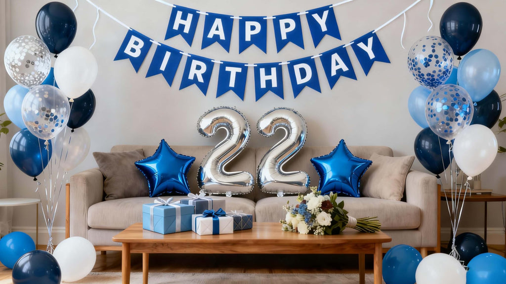 Blue 22nd Birthday Decoration Set for Him – 31 Pieces with Jumbo 22 Balloon, Star Foil, Latex Confetti & Banner