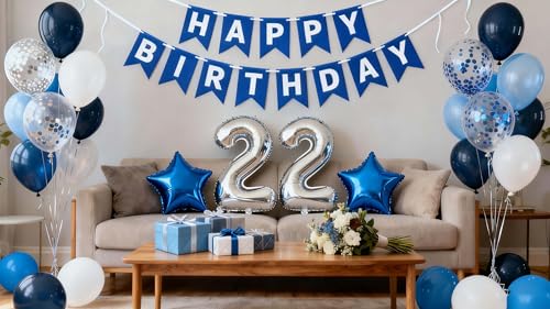 Blue 22nd Birthday Decoration Set for Him – 31 Pieces with Jumbo 22 Balloon, Star Foil, Latex Confetti & Banner