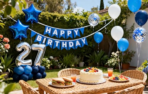 Blue 27th Birthday Decoration Set for Men – 31-Piece Banner, Foil & Latex Balloons