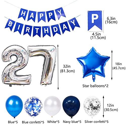 Blue 27th Birthday Decoration Set for Men – 31-Piece Banner, Foil & Latex Balloons